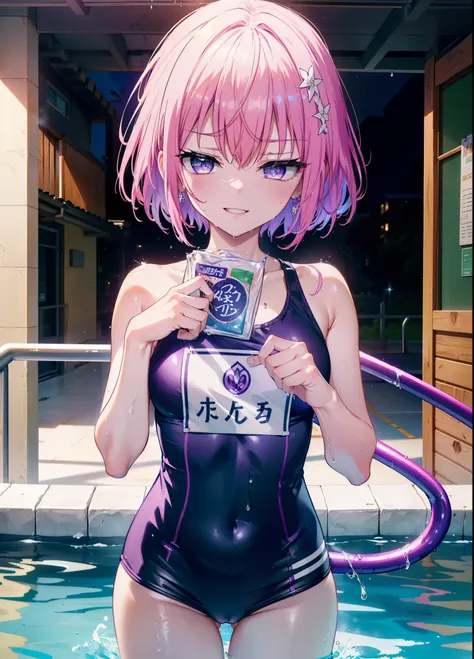 momomodel Building Uke, Deviluke type, demon tail, hair flower, hair ornaments, (purple eyes:1.1), pink hair, short hair, tail, smile,happy smile, smile, open your mouth,
break demon tail, green , school swimwear,wet hair,wet skin,barefoot,noon,sunny,
brea...