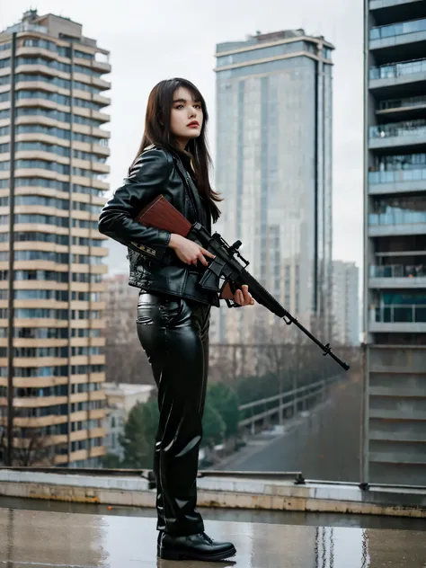 an asian beautiful girl, wearing a black leather jacket, army blue trousers, long hair, holding a long red laser rifle, standing on the top of a building stalking her enemy,inspired by Adam Dario Keel, maxim sukharev, attractive and beautiful, Inspired by ...