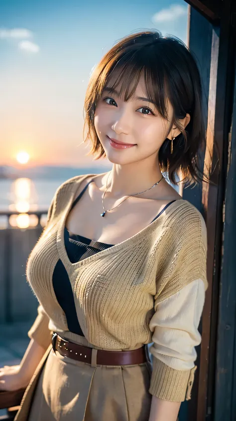 (highest quality,masterpiece:1.3,ultra high resolution),(Super detailed,caustics,8K),(realistic:1.4,RAW shooting),18-year-old,cute,Japanese,Short brown hair with outward curls,(Beige summer knitwear),(smile),look up at the camera、(Short brown skirt),blue s...