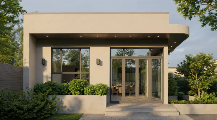 a view of a modern home with a large front yard, main material by white wall and stone and wood, 1 road runs in front of the house, (RAW photo, real, best quality, masterpiece:1.2), look morden minimalist, 1 road in front of the house, shime ring light, li...