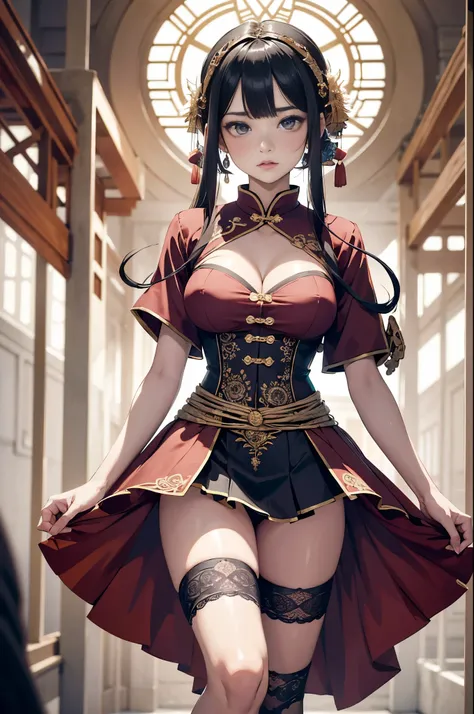 center, ((looking at camera: 1.5)), (near perfect: 1.4), dynamic, highly detailed, digital painting, concept art, smooth, sharp focus, illustration, art by Kahn Griffiths and Vadim Cassin. ((Chinese costume short skirt bellyband)), bold colors, abstract fo...