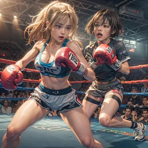 RAW image quality, 8K resolution, Ultra-detailed CG quality, (High resolution, highest quality, table top:1.4), 2 girls, (16 year old female :1.3), sparkling skin, narrow waist, Large chest teeth above the skin, (A woman wearing a sports bra and boxing sho...