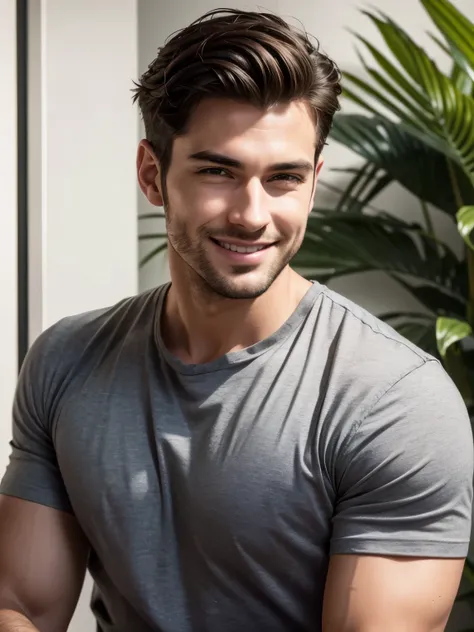 Realistic photo of a handsome 28-year-old man with a round, cinematic-looking face, sunny day, light, smiling, pleased, smile on his face, medium length dark tousled hair, in summer grey T-shirt, confident, arrogant, UHD, masterpiece, anatomically correct,...