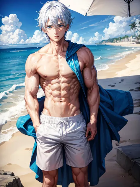 Anime guy about 15, shirtless, with blue eyes and white hair, muscular, 6 pack abs, with white shorts, on the beach  