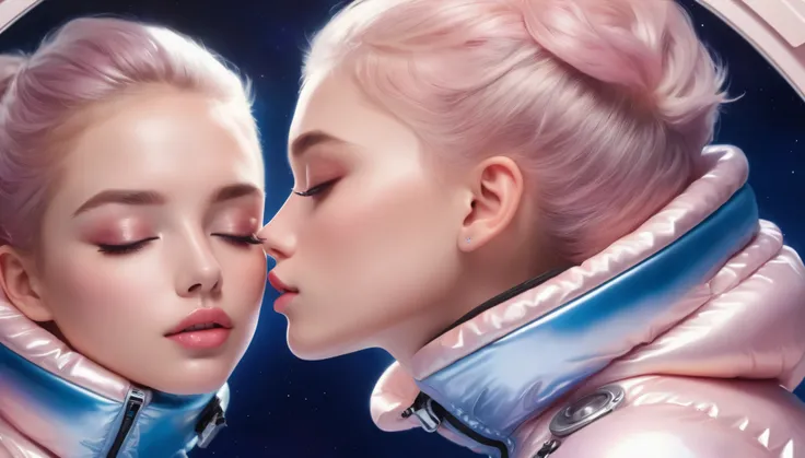 Masterpiece, Best Quality, ((2 cute girls kissing in a light pink blue open shiny puffer, short sleeves, small perky breasts, extremely detailed face, beautiful detailed closed eyes, beautiful detailed lips, pixie side shaved hair, small hips, in a spacesh...