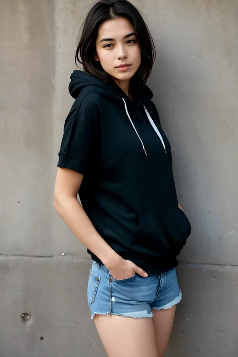 une femme sexy et mince de 18 ans , black short-sleeved hoodie et short en jean , Realistic