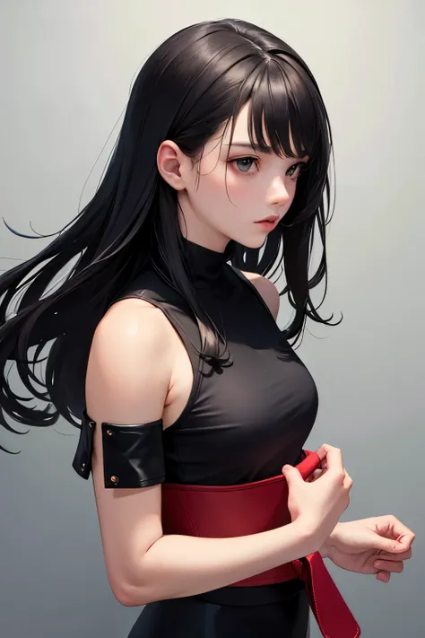 ((best quality)), ((masterpiece)), (detailed), perfect face.red gi.black long straight hair.open top.Martial artist
