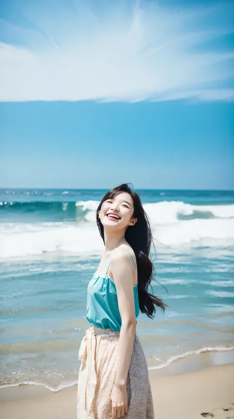 Cinematic Photo of a beautiful Korean fashion model laughing at viewer at beach