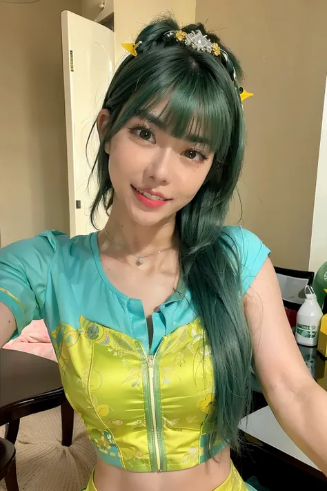 (Masterpiece: 1.1), (Best quality: 1.0), Ultra-detailed, 1 girl, 18 year old Asian Korean, stunningly beautiful, vibrant green hair, fit and toned body, wearing a bright yellow Brazilian shirt, boldly displaying the word "BRASIL" in bold letters, standing ...