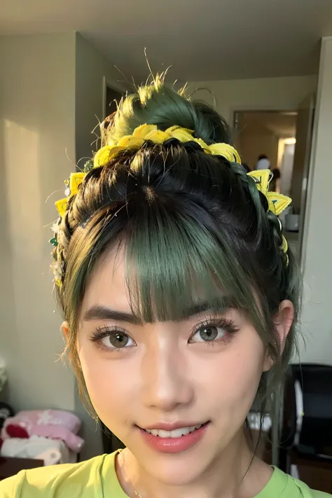 (Masterpiece: 1.1), (Best quality: 1.0), Ultra-detailed, 1 girl, 18 year old Asian Korean, stunningly beautiful, vibrant green hair, fit and toned body, wearing a bright yellow Brazilian shirt, boldly displaying the word "BRASIL" in bold letters, standing ...