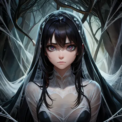 (best quality,4k,highres,masterpiece:1.2),dark gothic,hauntingly detailed,spider web,woman in distress,detailed facial expressio...