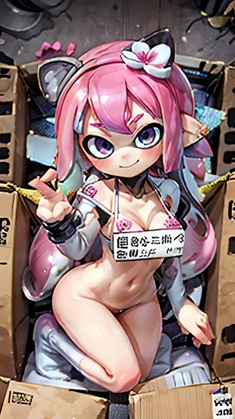 Splatoon Girl 、3D，real anime、((super big breasts))、in_box、Sturdy box、Many flowers in a box with a girl、pink tentacle hair、((cleavage、Pose that emphasizes the chest、Sexy dynamic pose))、sexy smile、big and cute eyes、beautiful eyes、cheek、Lipstick、sign around n...