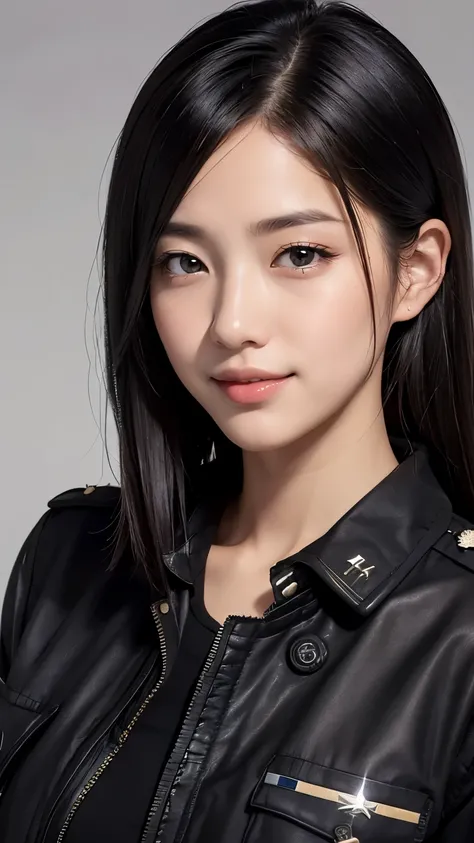 Realistic, masterpiece, highest quality, highest resolution, A portrait depicting only the upper body of a Japanese woman, A happy smile, slightly turned to the side, definitely looking at the audience, beautiful detailed eyes, black eyes, sparkling eyes, ...