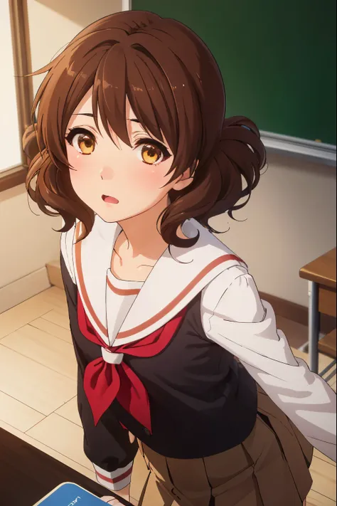 stiff shoulder, kumiko oumae, (brown eyes:1.5), brown hair, short hair, wavy hair, (flat chest:1.2),
壊す brown shirt, brown skirt...