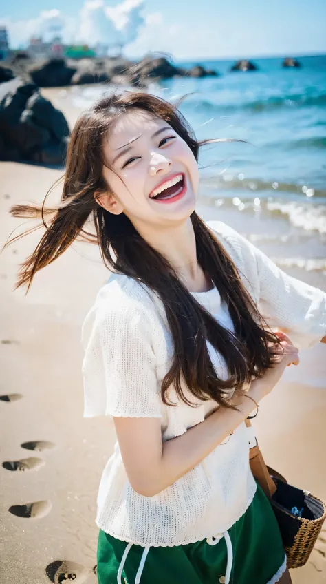 (Raw photo, highest quality), (K, highest quality, masterpiece: 1.2), Super detailed, super resolution, beautiful girl, at beach,  (great laugh:1.2), (open your mouth:1.1), (wide open eyes)