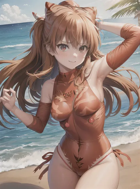 Asuka Langley Soryu, Evangelion, ((Asuka　Langley:1.5)), beach, Palm tree, swimsuit, long hair, bangs, blue eyes, brown hair, hair ornaments, mature woman, looking at the viewer, cowboy shot, dutch angle, dynamic pose,joy,origin,(beautiful face),(realistic ...