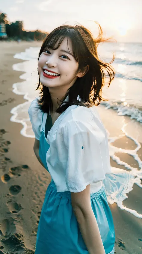 Cinematic Photo of a beautiful girl laughing at a beach