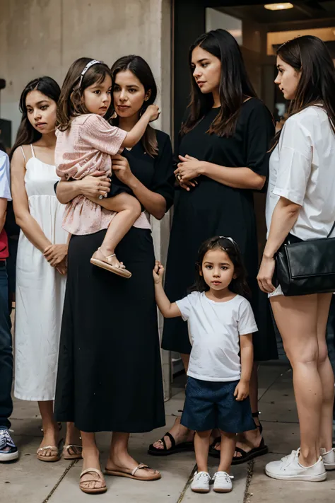 Mothers and children are standing in line