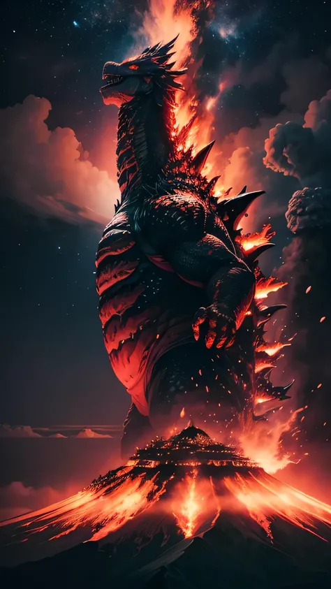 the eruption of Mount Krakatoa, godzilla, giant godzilla, night sky, 8k