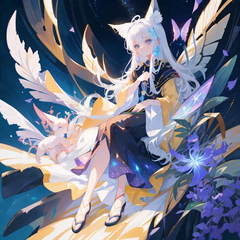 White fox with nine tails, elegantly seated against a backdrop of a galaxy filled with flying butterflies, 8k quality image, intricately detailed in a 2D anime style, capturing the ethereal beauty of the enchanting scene. A young white-haired girl with poi...