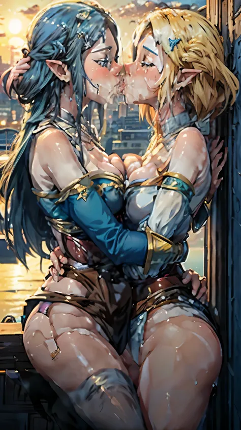 anime scene, 2 girls kissing (lesbian kissing), princess Zelda, hugging, touching each other, big breasts, big butt, revealing blue dress, on water, cityscape view, evening,sunset,