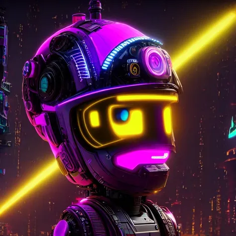 side close-up，a close up of a robot with a glowing head and a purple background, cyber mech, in style of beeple, cyberpunk pikac...