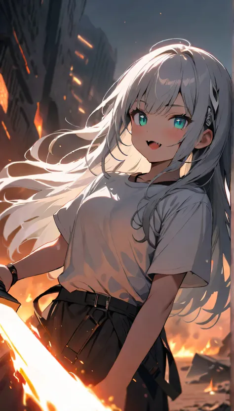 Resolution full, best quality, masterpiece, full HD, foggy theme, super detailed, beautiful girl. Cute girl. 1girl. White hair, long hair. Bangs.  detailed beautiful aqua eyes. White hair ornament. White T - shirt. fangs. in wasteland, in burning city, hol...