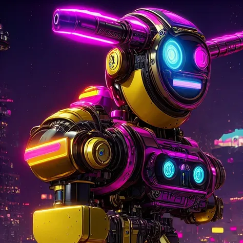 side close-up，a close up of a robot with a glowing head and a purple background, cyber mech, in style of beeple, cyberpunk pikachu, style hybrid mix of beeple, 3 d render beeple, cute elaborate epic robot, beeple masterpiece, cyberpunk art style, yellow me...