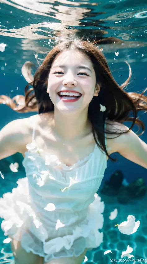 Beautiful and delicate portrait of playful cute girl laughing, (of the highest quality, masterpiece, Ultra-realistic) And petals floating in the Sea