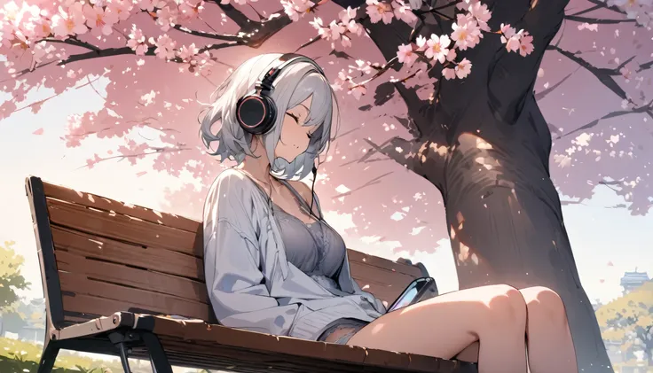 ((best quality)), ((masterpiece)), (detailed), perfect face, sitting under the cherry blossom tree, listening to music, One woman, wearing headphones, eyes closed, wearing underwear, underwear is transparent, sitting on a bench