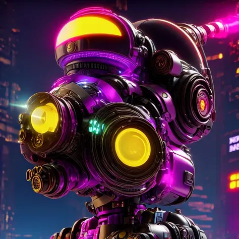 side close-up，a close up of a robot with a glowing head and a purple background, cyber mech, in style of beeple, cyberpunk pikac...