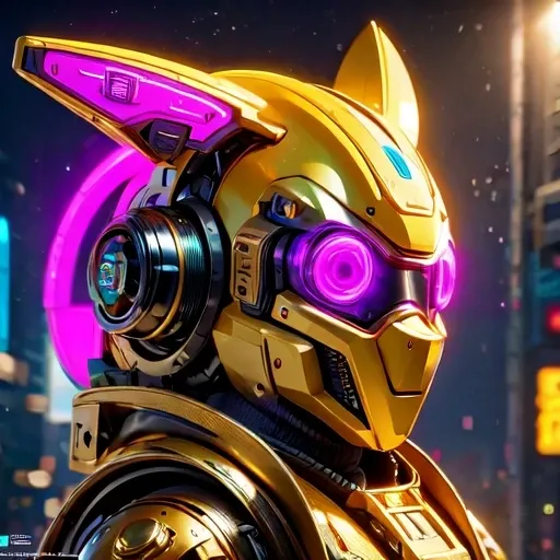 side close-up，a close up of a robot with a glowing head and a purple background, cyber mech, in style of beeple, cyberpunk pikachu, style hybrid mix of beeple, 3 d render beeple, cute elaborate epic robot, beeple masterpiece, cyberpunk art style, yellow me...