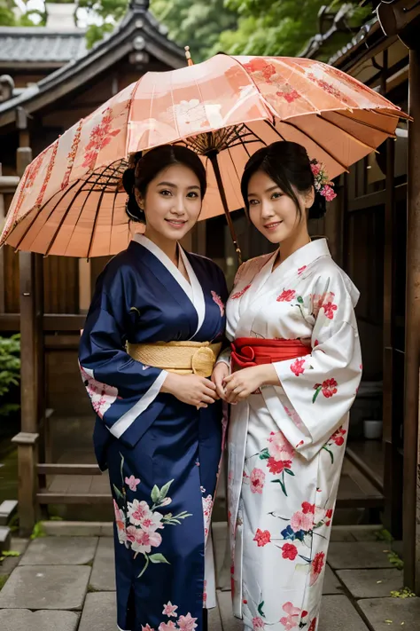 two beautiful Indonesian women, ideal bodies, slightly chubby, sweet and gentle smiles in kimonos standing under umbrellas in the tunnel, wearing royal kimonos, exploration of deeper Japanese travel, traditional geisha clothing, Japanese kimono, wearing a ...