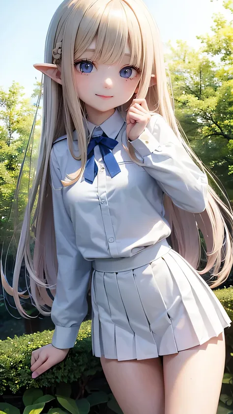 very cute girl、16 years old、light yellow hair、long straight hair、Bangs are too close to the eye、Light Blue Eye、(normal ears)、thin arms、Beautiful body、slim legs、big eyes、large, well-shaped breasts,、clear white skin、smile、(school uniform、uniform white and bl...