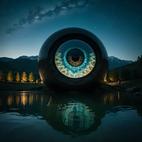 a giant eye emerges from the waters of a mountain lake. His reflection in the water is a real sight. The eye emerges from the waters during a starry night, high quality, realistic lighting, center of the picture, (a giant eye is reflected on the water), cl...