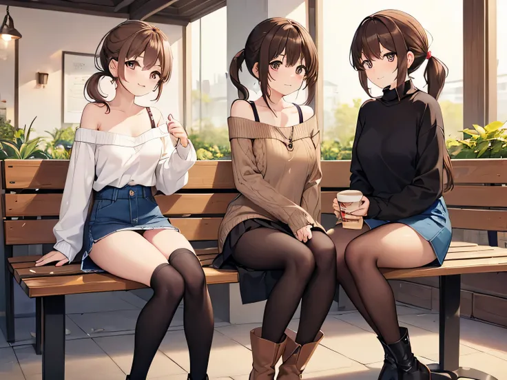 (masterpiece、highest quality、High resolution、realistic pictures、real looking skin:1.1)、
(Three women are sitting on chairs in a cafe:1.5)、
(All three of them have short skirts so their panties are visible.:1.5)、
(All three have smiling expressions:1.5)、
(T...