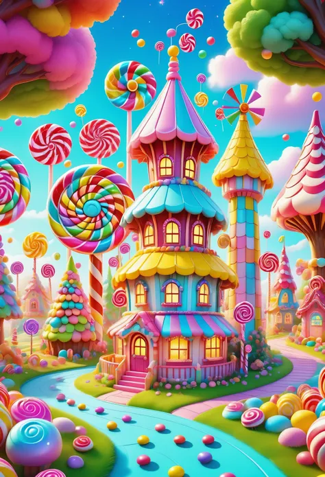 enchanted forest。candyland。Cake Castle。Candy Ferris Wheel。Candy Tree Candy Windmill,rich and colorful。colorful, cartoon style, led,Light,Little house made of candy, bright colors, High resolution, high quality, high detail, The art of math, fantasy, magic.