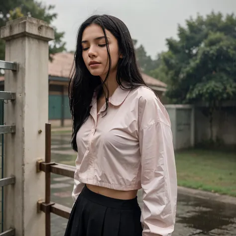 a girl about eighteen years old, waist-length black hair, tilted angle, standing against the school gate, raising her head slightly, it was raining, closed her eyes, pursed her lips slightly, the corners of her eyes were pink, it was raining