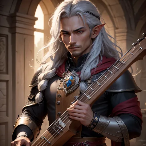 8k, masterpiece, best quality, realistic, higly detailed, 1male, solo, elf, drow, wiry and athletic body, chiseled and attractive face, attractive, alluring appearance, 50ft., 116lbs, dark grey skin, bright red eyes, stark white long hair, decorated with p...