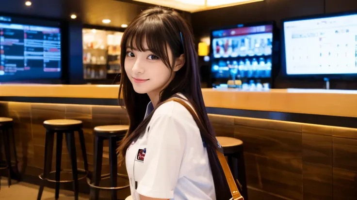 ((masterpiece, highest quality))，Japanese idol waiting for a flight at an airport cafe,