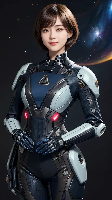 208 Short Hair, 20 year old female, Floral, gentle smile, futuristic clothes, mechanical suit, (The background is a galaxy and nebula)