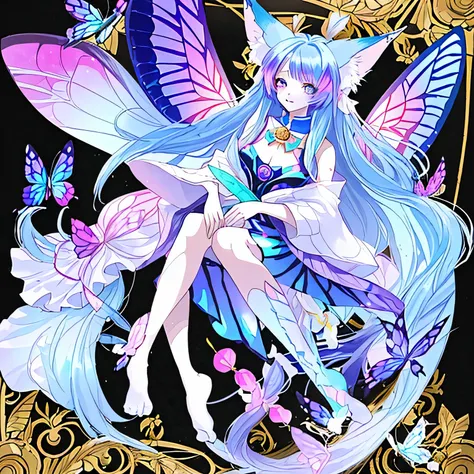 A young woman with long hair, fox ears, 9 tails, butterfly wings, fantasy background, blue and white outfit with gold patterns, butterflies flying around her, rainbow butterflies mainly using pink, blue, purple, height 180, no shoes, about 18 years old.