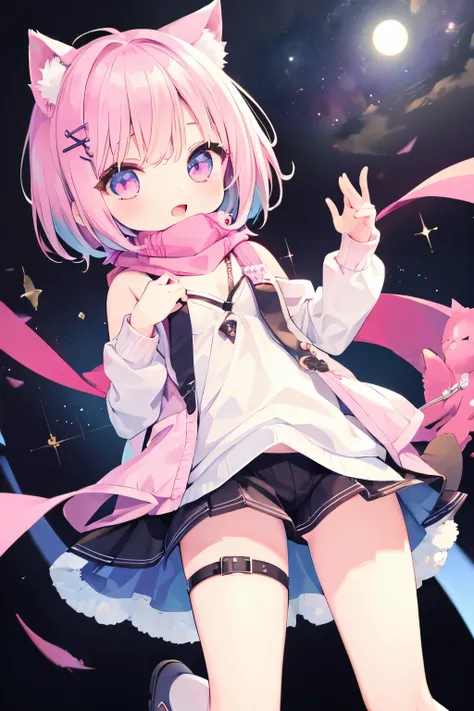 Very beautiful and shining eyes、shining eyes、((1 girl))、small breasts、big mouth、high school girl、small breasts、Cat ear、Transparent pink short hair、scarf、hot pants、transparent clothes、childish clothes、7-year-old girl