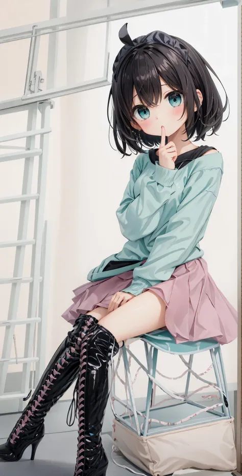 Dark girl with short hair，Shy，blush，Turquoise sweatshirt，Pink skirt，White knee-length socks，black boots，Classroom scene，for the audience，stand