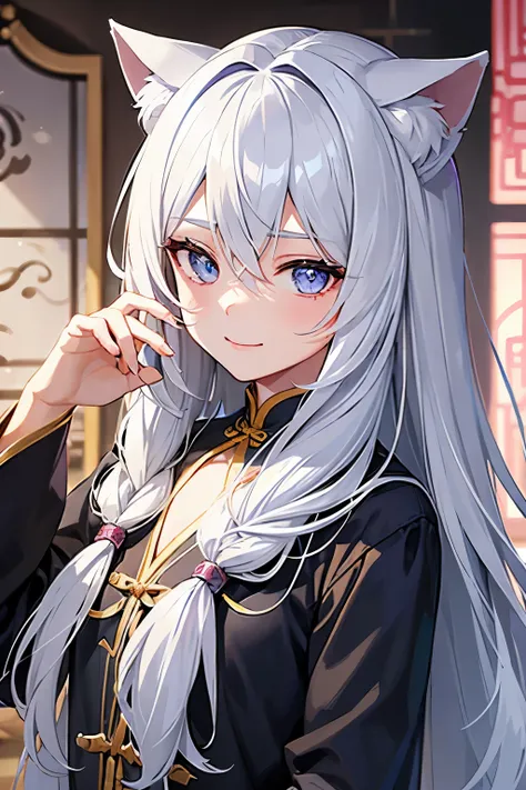 semi-long,silver hair,pretty girl.wizard,Cat ear,Right eye is yellow,Left eye is blue,gentle smile,icon,seems kind,odd eye,Chinese clothes,Eye-catching