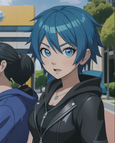 there is a cartoon girl with blue hair and a black jacket, miraculous ladybug, anime cgi style, screenshot of kingdom hearts 3, anime cgi, from kingdom hearts, render of a cute 3d anime girl, miraculous, stylized anime, anime styled 3d, she has a distant e...