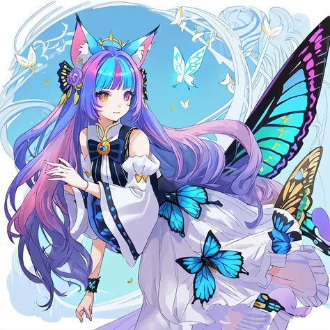 A young woman with long hair, fox ears, 9 tails, butterfly wings, sea background, blue and white outfit with gold stripes, butterflies flying around her. Rainbow butterflies mainly used pink, blue, purple. Height 180, no shoes, about 18 years old.