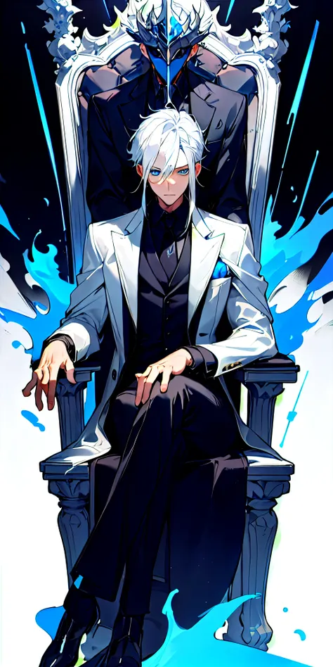 (masterpiece, best quality),1boy who has silver hair and blue eyes wearing a black suit with a white coat and sitting on a throne of azure flames  and is a mafia 