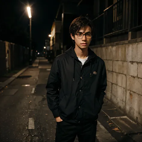 Create an anime picture of a boy who wears glasses and standing in a dark environment and looks attractive