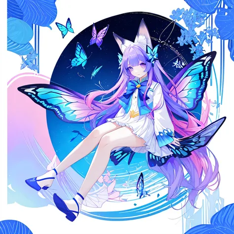 A young woman with long hair, fox ears, 9 tails, butterfly wings, sea background, blue and white outfit with gold stripes, butterflies flying around her. Rainbow butterflies mainly used pink, blue, purple. Height 180, no shoes, about 18 years old.